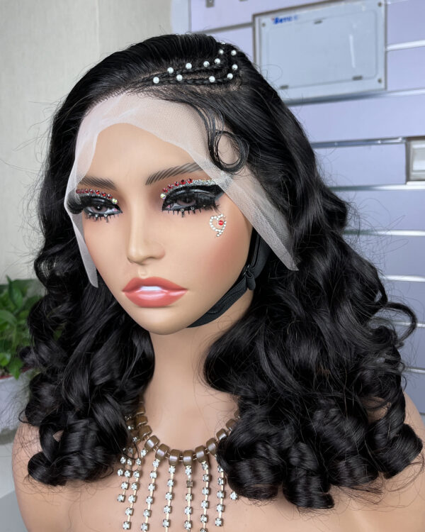 #1B Natural Black Frontal Briaded Double Drawn Bouncy Curl 13x4 Transparent Lace Full Frontal 300% Density Wig - Image 2